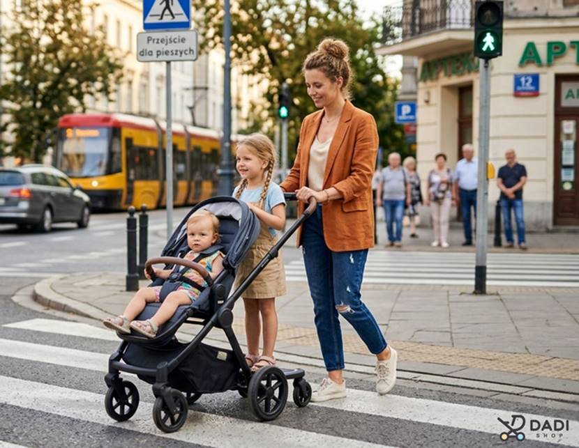 Mama z dwójką dzieci w parku w deszczu, starsze dziecko jedzie na dostawce do wózka spacerowego.